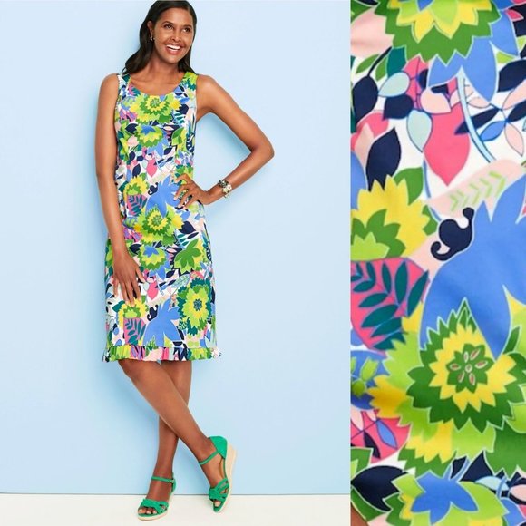 Tropical Kelly Green Sateen Sleeveless Sheath Dress w/ Ruffle Hem Talbots 6 P - Picture 1 of 8